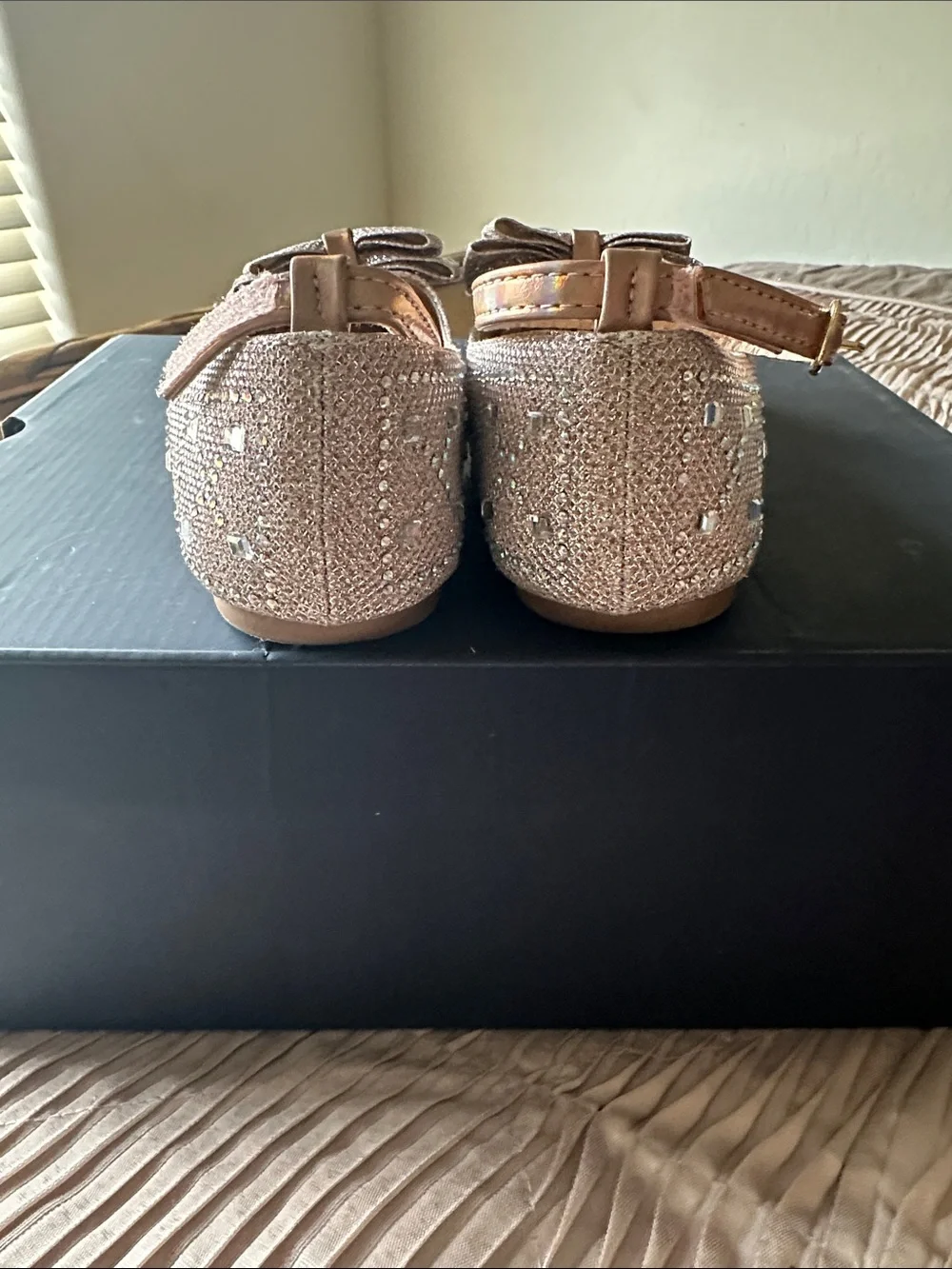 Tahari Girls Glitter Bow Ankle-Strap Flats - Rose Gold